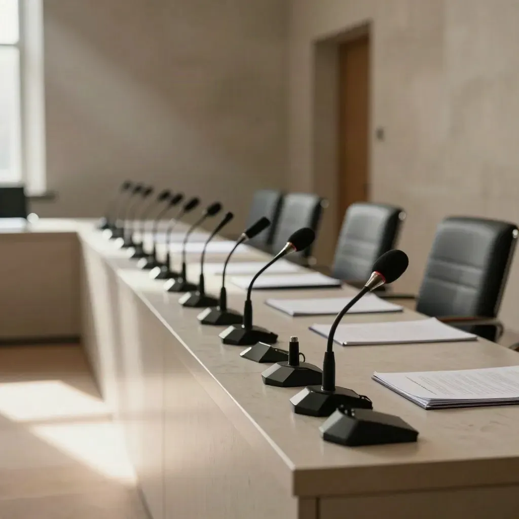 Sala stampa vuota dopo una conferenza, microfoni allineati, sedie mosse e luce calda sulle pareti di pietra.