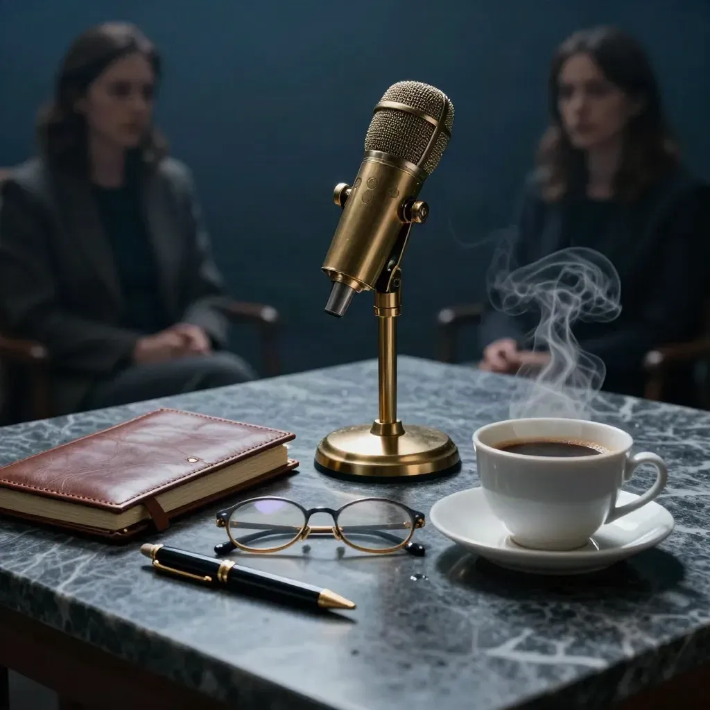 Microfono in ottone, taccuino in pelle, penna, occhiali e caffè su pietra dopo la pioggia.