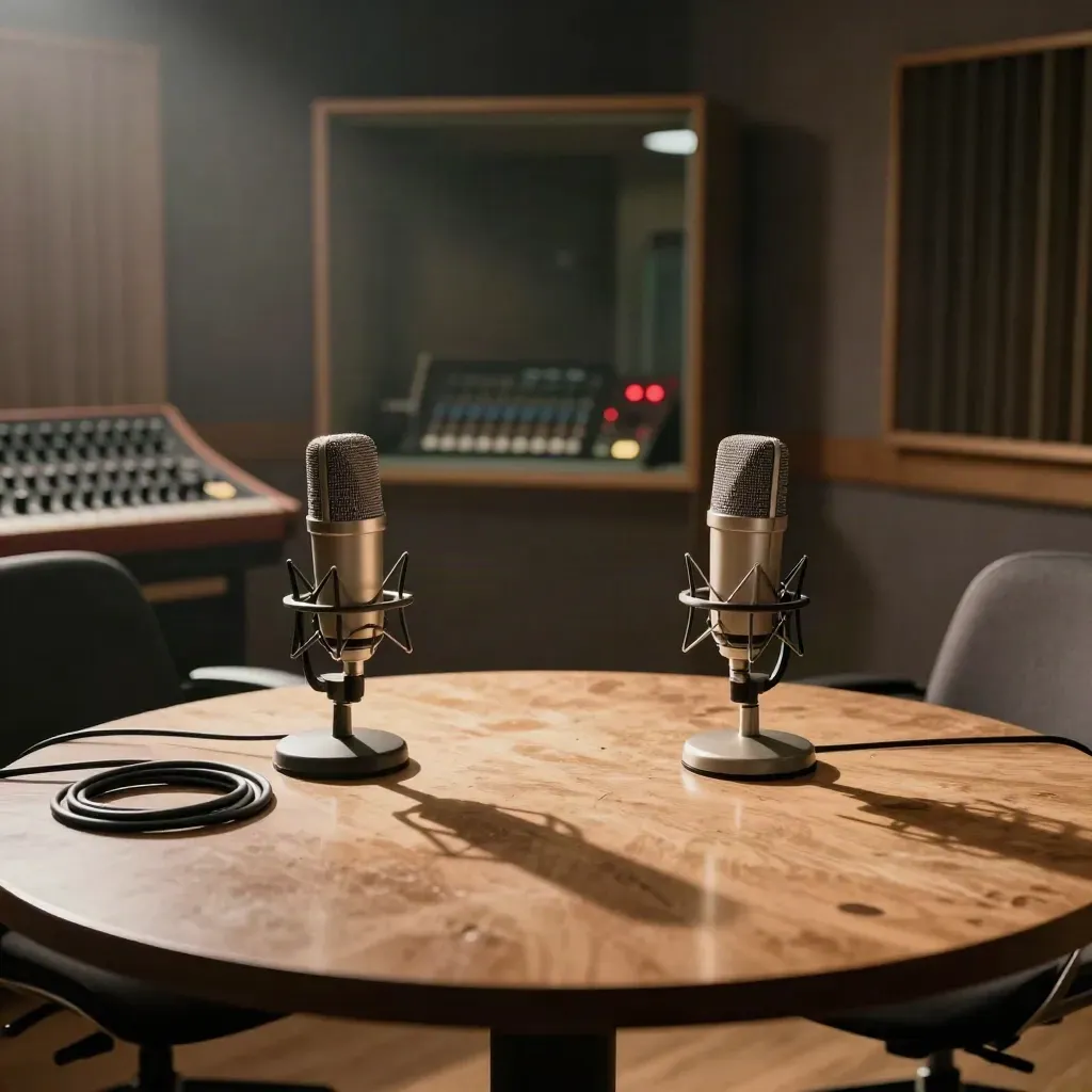 Studio radio romano vuoto con due microfoni sul tavolo rotondo e sedie spostate