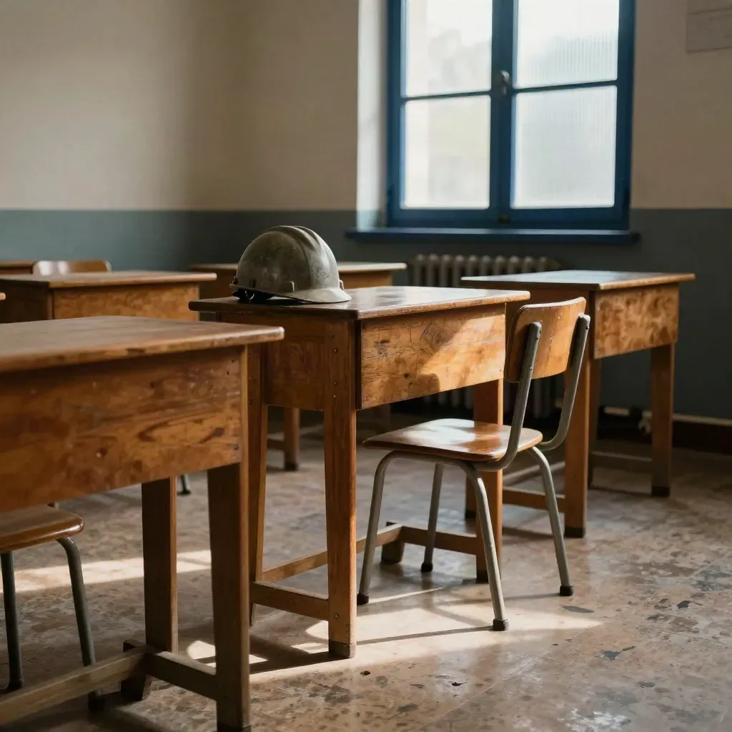 Aula di provincia vuota con banchi consumati, casco da lavoro e sole obliquo dalla finestra.