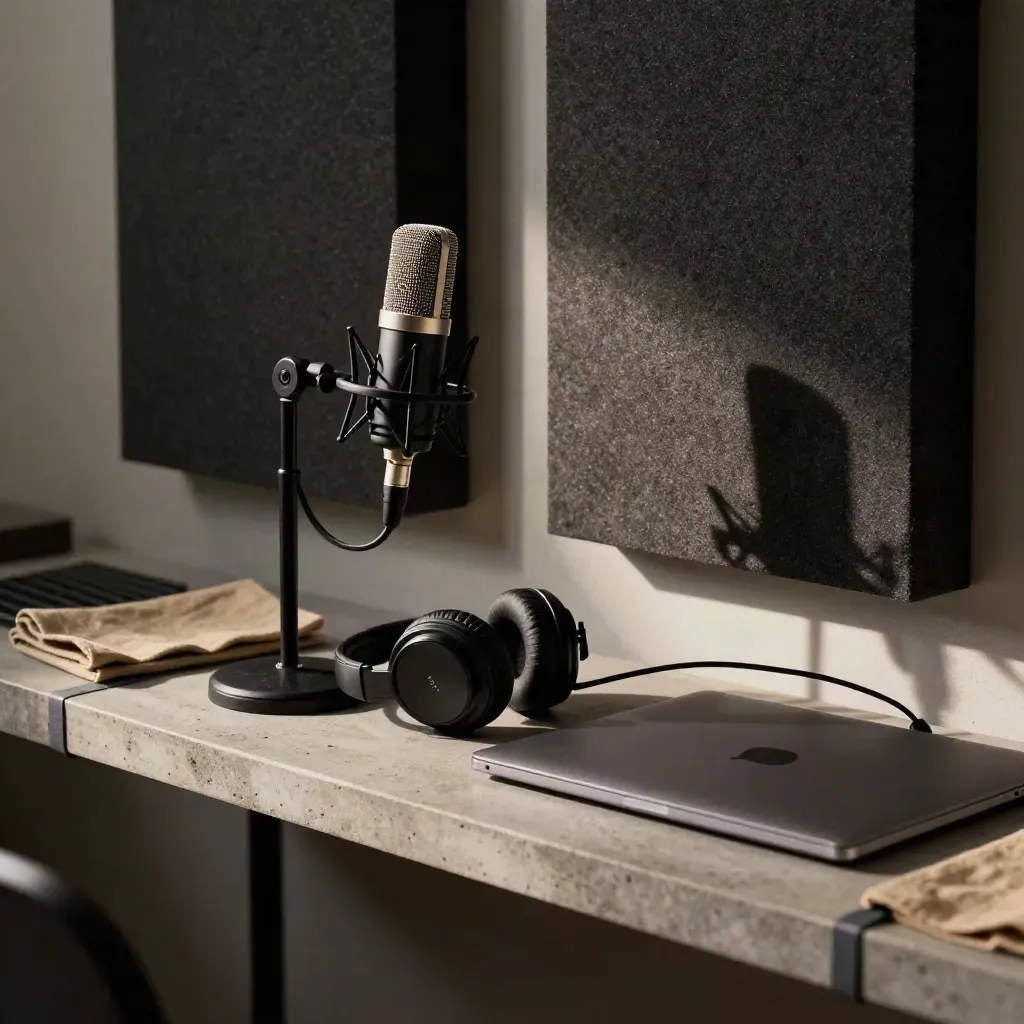 Angolo podcast con microfono, cuffie, laptop chiuso e cavo in movimento su pannelli fonoassorbenti.