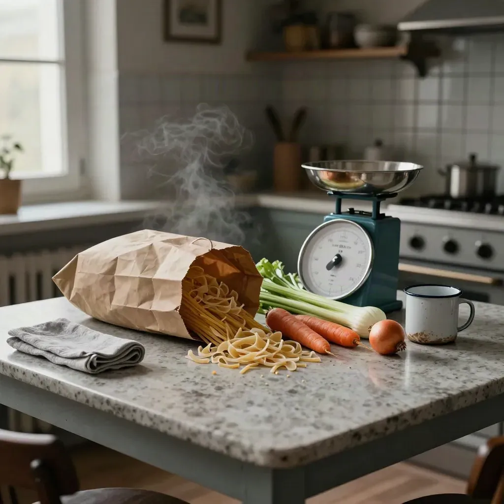 Cucina modesta all’alba con spesa rovesciata, pasta, ortaggi e bilancia spenta.