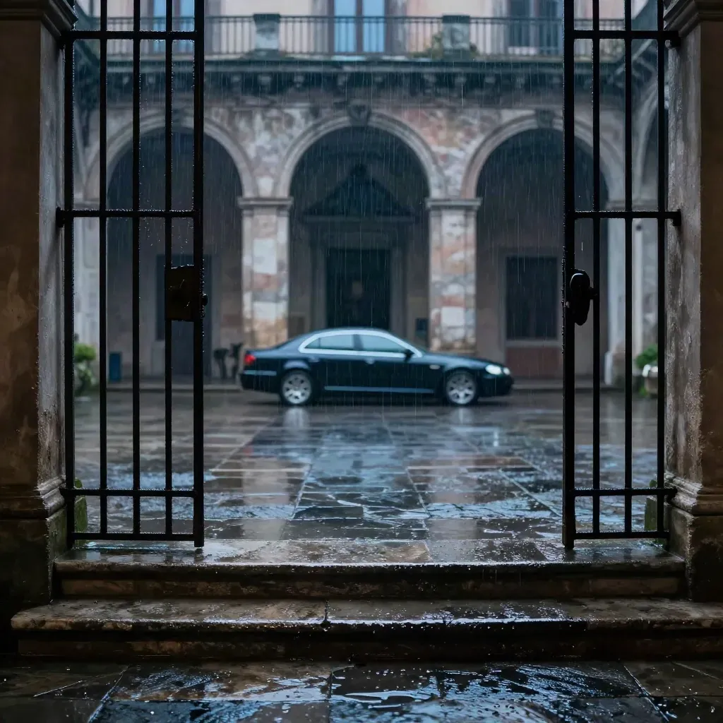 Cortile di Palazzo Chigi bagnato dalla pioggia, cancelli chiusi e berlina nera sfocata sul fondo.