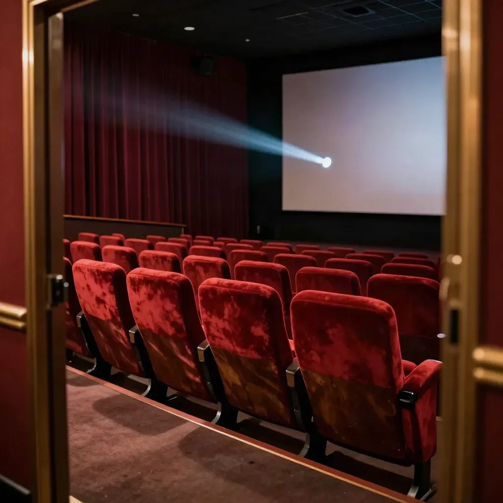 Sala cinematografica vuota con poltrone rosse e raggio del proiettore tra la polvere