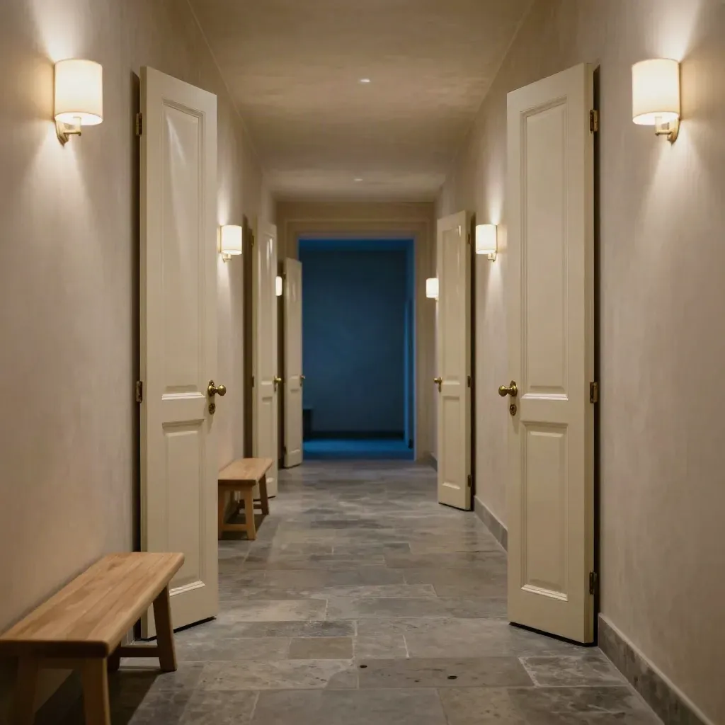 Corridoio ministeriale con porte satinate, panca e luci a parete, in lunga prospettiva bassa.