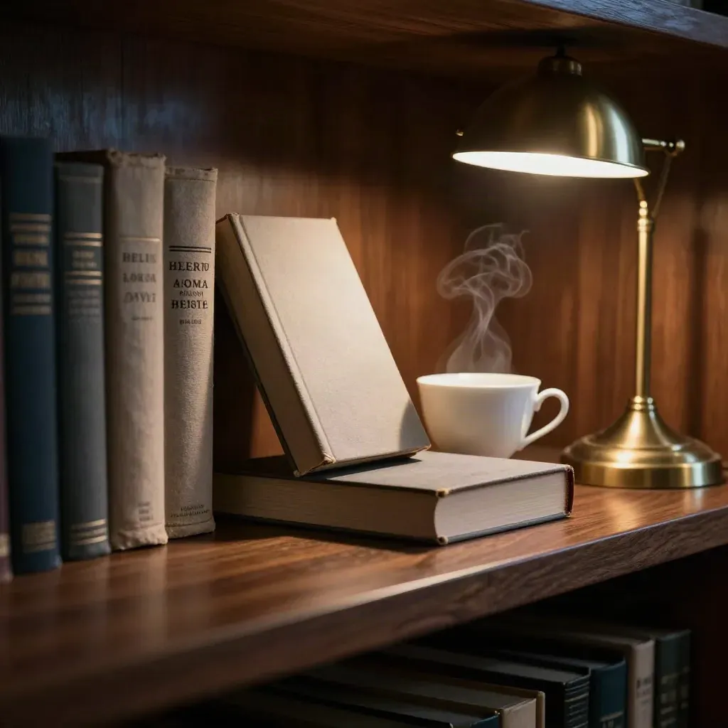 Libri chiusi, tazza di tè e lampada calda su una libreria notturna.