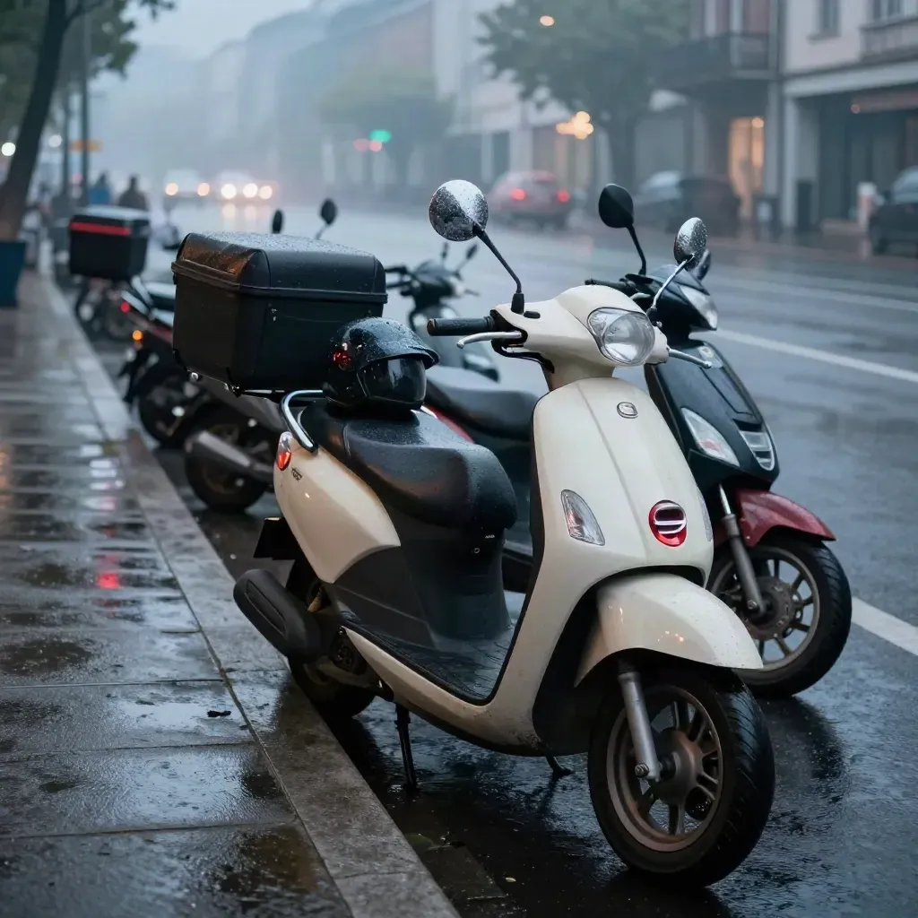 Piazzale cittadino all’alba con scooter da consegna in fila e asfalto bagnato