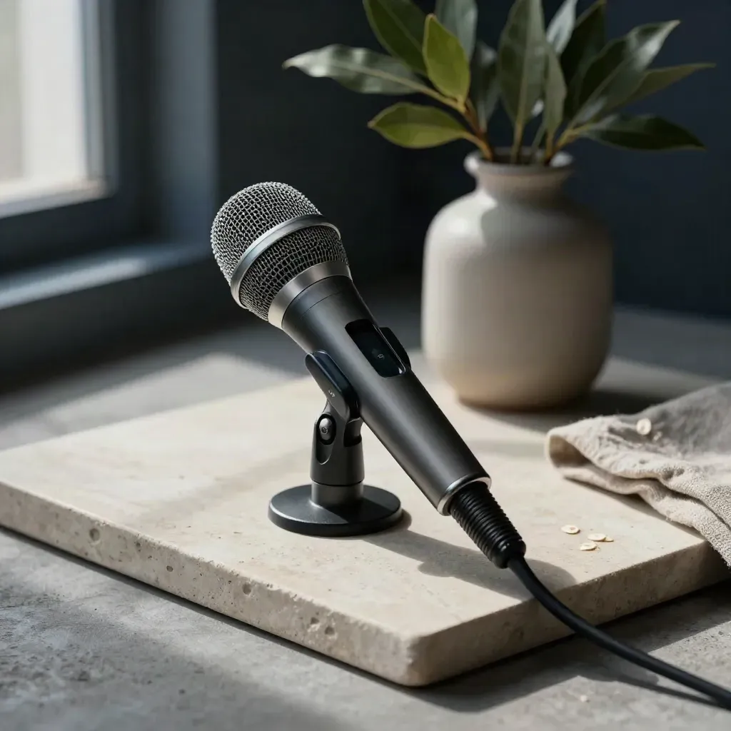 Microfono da conferenza con alloro e lino su vassoio in pietra, luce morbida.