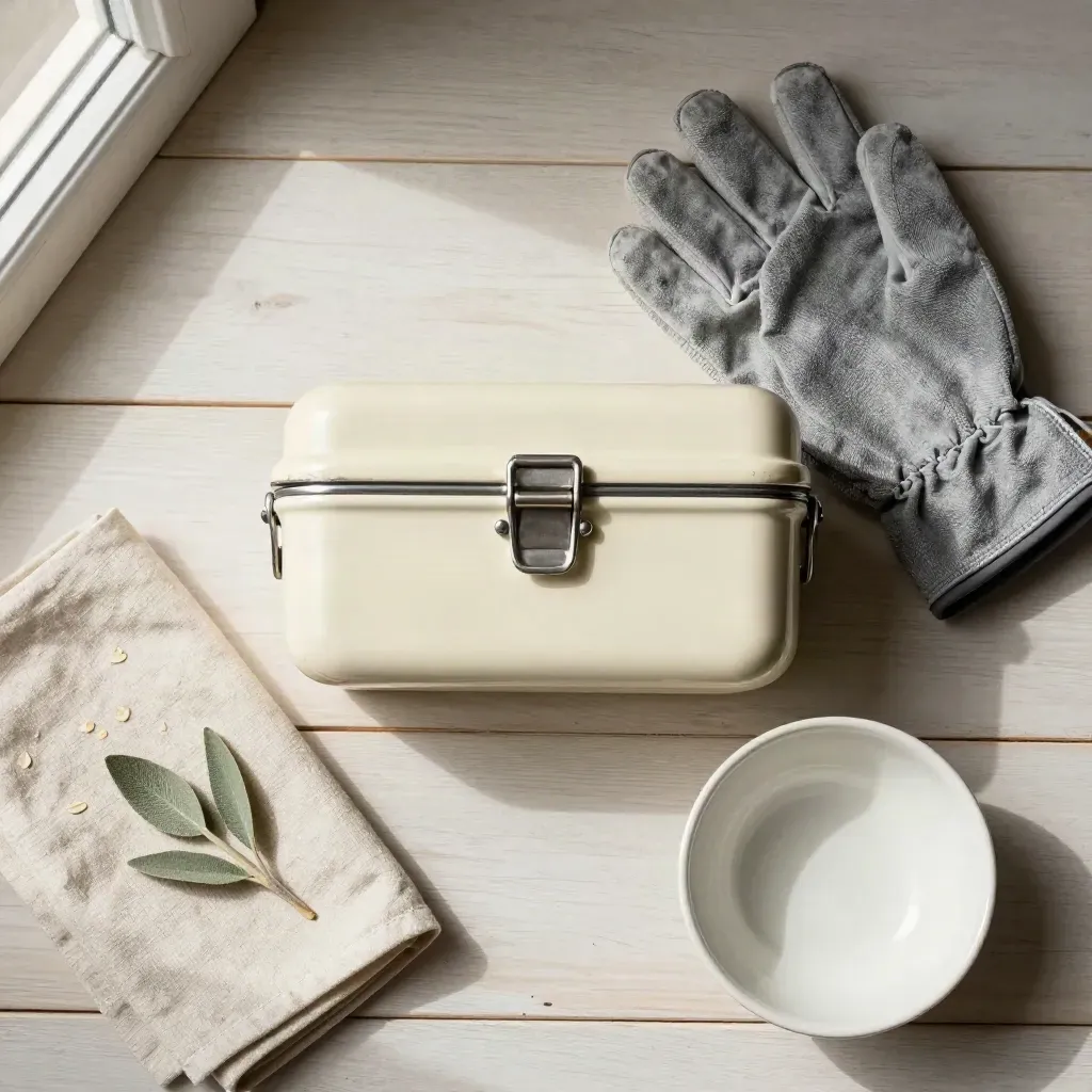 Flat lay di un porta pranzo, guanti da lavoro e ciotola in ceramica su legno chiaro.